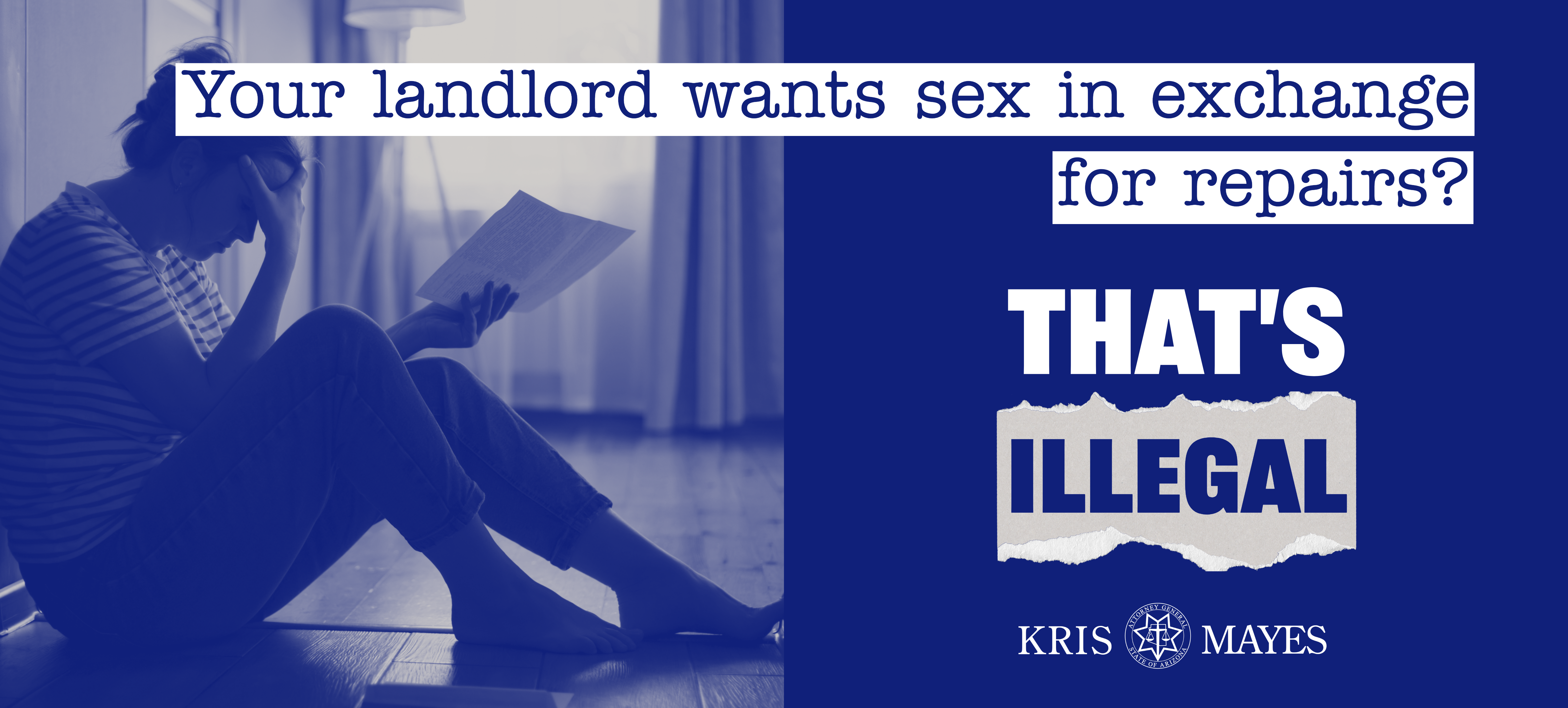 Image warning the public that a landlord asking for sex is illegal.